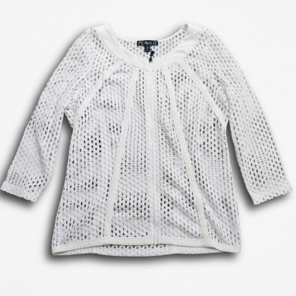 Picadilly White Mesh Zip Up Top 3/4 Sleeve Open Knit Cardigan XS
